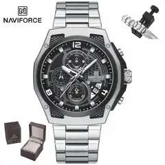NAVIFORCE - Reloj Hombre NF8051 Plateado Negro Analógico Acero Inoxidable Multifunción Caja Premium
