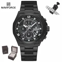 NAVIFORCE - Reloj Hombre NF8051 Negro Blanco Analógico Acero Inoxidable Multifunción Caja Premium