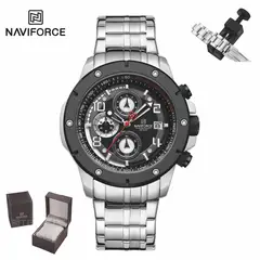 NAVIFORCE - Reloj Hombre NF8056 Plateado Negro Analógico Acero Inoxidable Multifunción Caja Premium