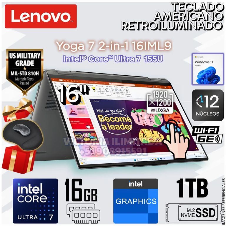 Laptop Yoga 7 Dos en Uno de 16" Intel® Core™ Ultra 7 155U 16GB RAM-LPDDR5X 1 TB SSD 16IML9 - 83DL0002US