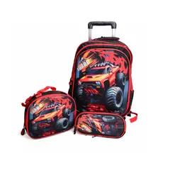 GENERICO - SET MOCHILA LUCES RUEDA 3D CARRO 4X4- MOCHILA - LONCHERA Y CARTUCHERA