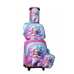 GENERICO - SET MOCHILA LUCES RUEDA 3D SIRENA CELESTE- MOCHILA - LONCHERA Y CARTUCHERA