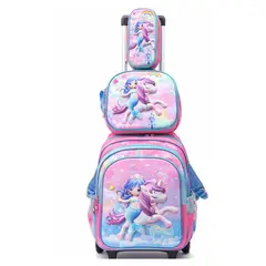 GENERICO - SET MOCHILA LUCES RUEDA 3D SIRENA PONY- MOCHILA - LONCHERA Y CARTUCHERA