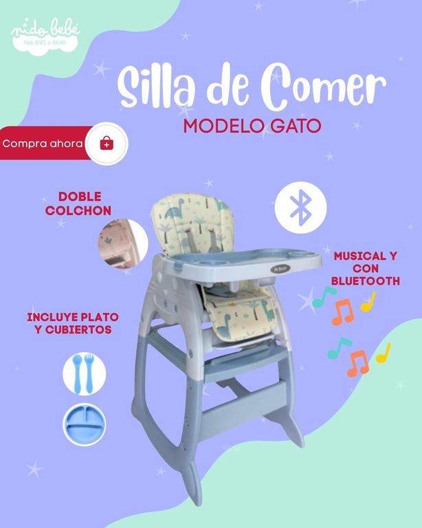 SILLA DE COMER PARA BEBÉ MODELO GATO COLOR CELESTE