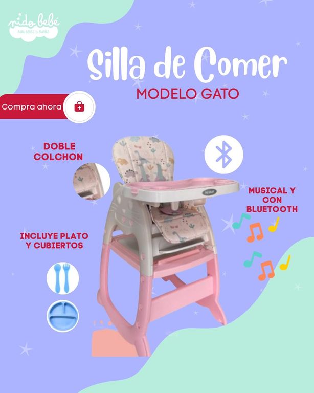SILLA DE COMER PARA BEBÉ MODELO GATO COLOR ROSADO