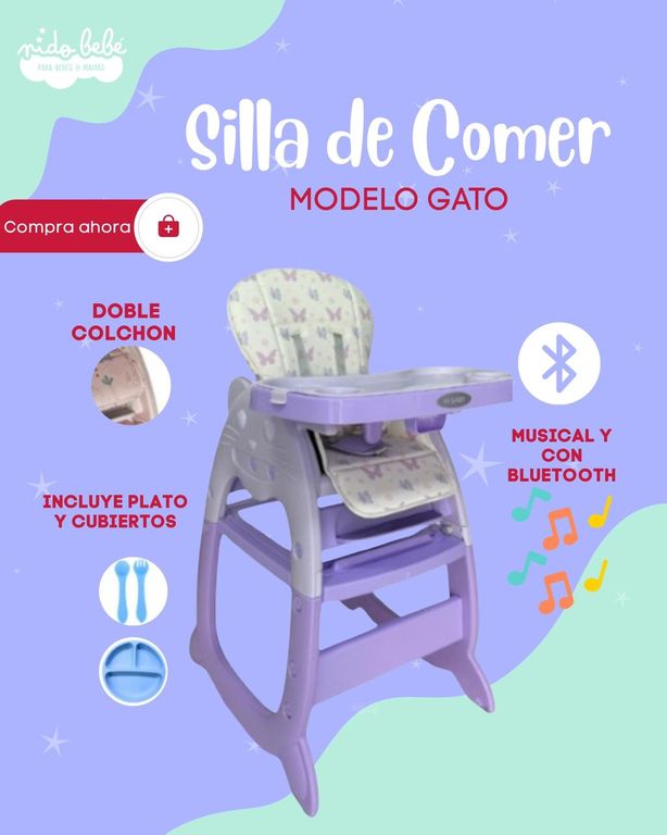 SILLA DE COMER PARA BEBÉ MODELO GATO COLOR LILA