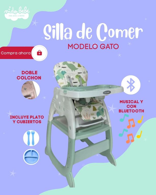 SILLA DE COMER PARA BEBÉ MODELO GATO COLOR VERDE
