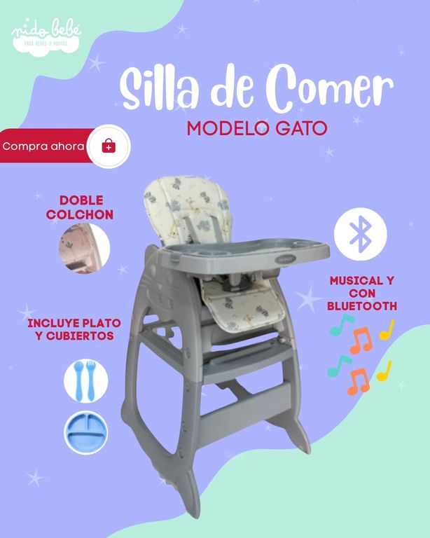 SILLA DE COMER PARA BEBÉ MODELO GATO COLOR PLOMO