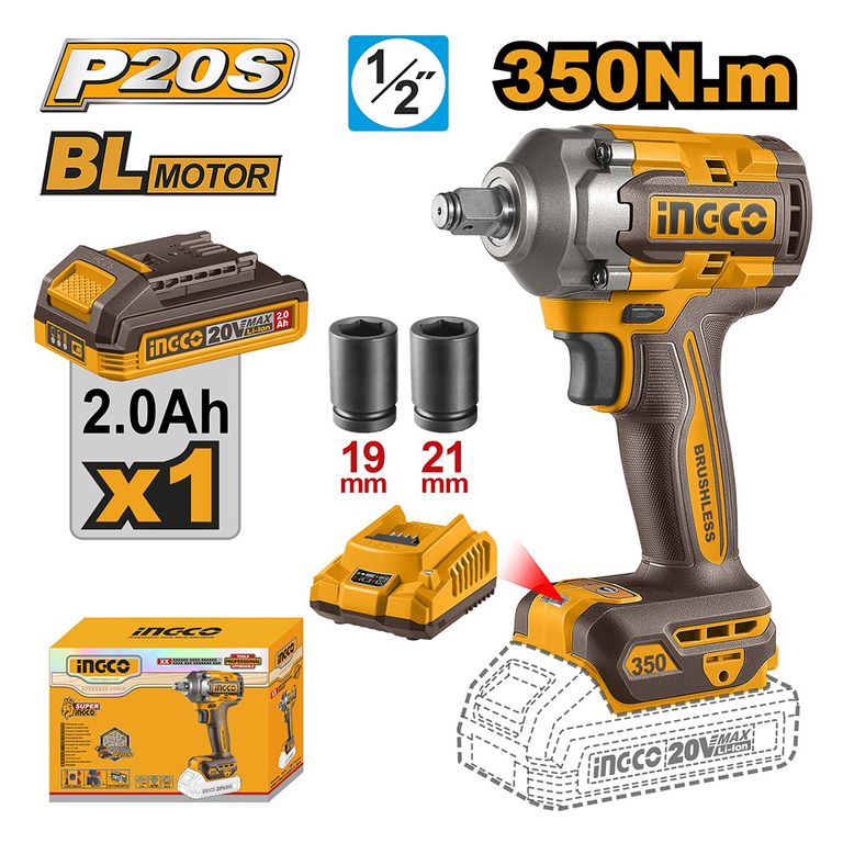 LLAVE DE IMPACTO BRUSHLESS INGCO 20V 350NM + BATERÍA 2.0AH + CARGADOR CIWLI20351