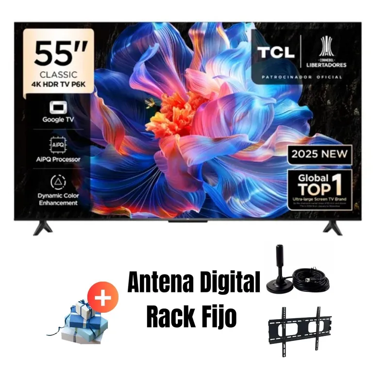 Televisor 55'' UHD 4K Google TV 55P6K 2025 + Ant + Rack Fijo