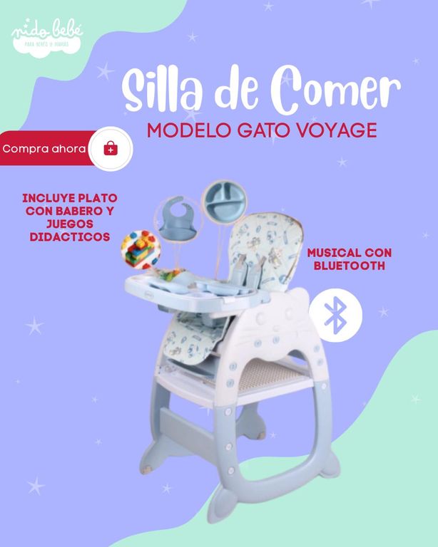 SILLA DE COMER PARA BEBÉ MODELO GATO VOYAGE COLOR CELESTE