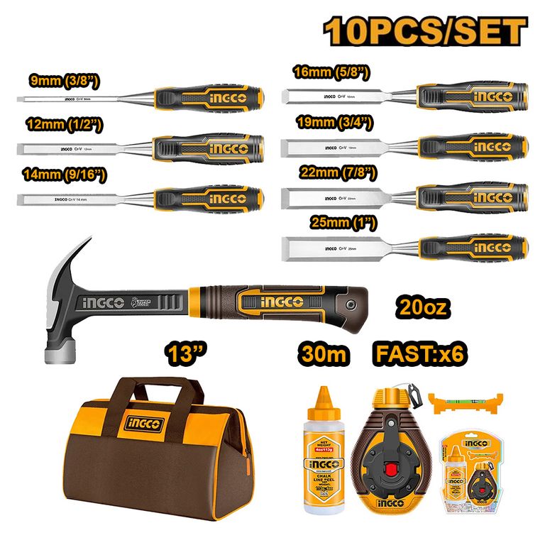 KIT 10 HERRAMIENTAS PROFESIONALES PARA CARPINTERÍA INGCO COS230906