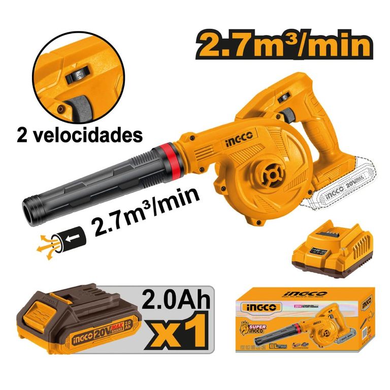 SOPLADORA INGCO 20V 2 VELOCIDADES + BATERÍA 2.0AH CARGADOR CABLI200181
