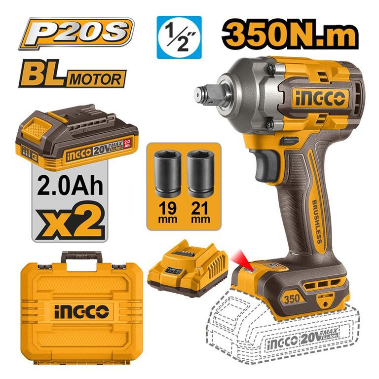 LLAVE DE IMPACTO BRUSHLESS INGCO 20V 350NM + 2 BATERÍAS 2.0AH + CARGADOR CIWLI2035