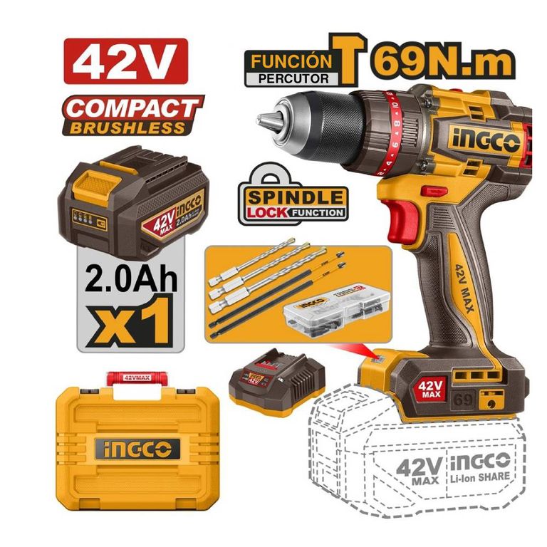 PERCUTOR BRUSHLESS INGCO 42V 69NM + 1 BATERÍA CON CARGADOR CIDLI426981