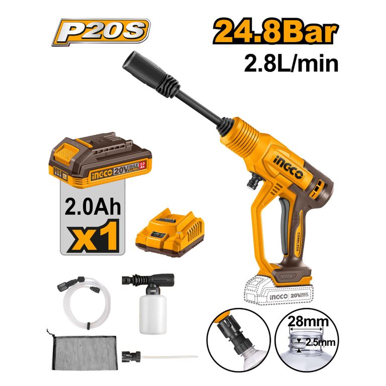 HIDROLAVADORA INGCO 20V BATERÍA 2.0AH + KIT DE ACCESORIOS CPWLI20362