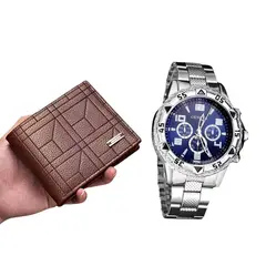 GENERICO - Reloj plateado mas Billetera de Negocios para Hombre