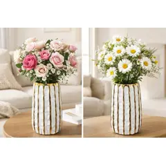 GENERICO - Florero de Céramica Texturizado Blanco con bordes Dorados