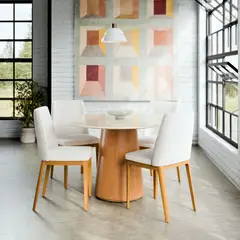 PAZART MUEBLES - COMEDOR REDONDO 4 SILLAS SARA VIDRIO CITY BOUCLE BEIGE