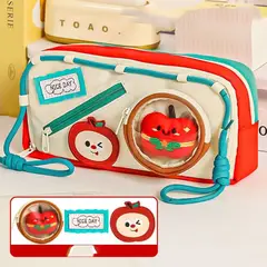 GENERICO - ESTUCHE - CARTUCHERA KAWAII CON PEGA PEGA- MODELO MANZANA - 3 CIERRES