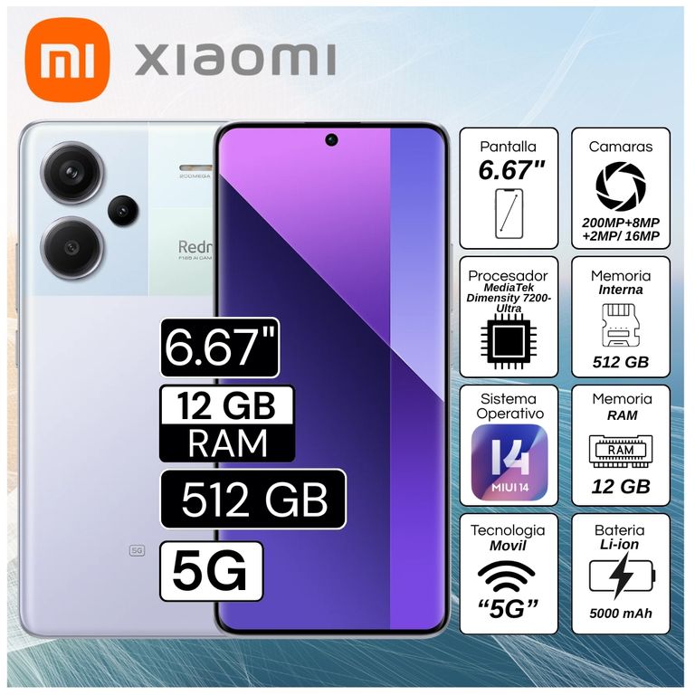 Celular Redmi Note 13 Pro Plus 12GB RAM 512GB 6.67" Pulg. MIUI 14 - Aurora Purple