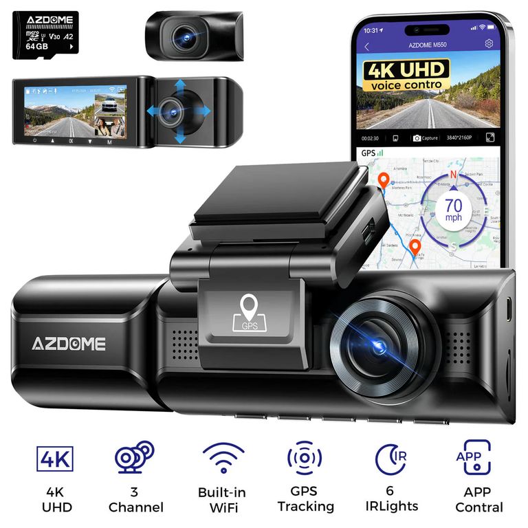 CAMARA PARA AUTOS DASHCAM AZDOME M550 PRO 4K Triple Frontal + Interior + Trasera GPS + WiFi + 64GB