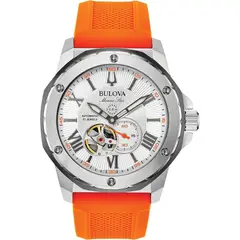 BULOVA - RELOJ AUTOMÁTICO MARINE STAR SERIES A CON CORREA NARANJA - PLATEADO