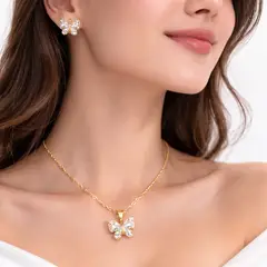 GENERICO - Set Collar y Aretes Mariposa Dorado Diseño Elegante Cristales Brillantes