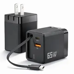 GENERICO - Cargador de 65w Negro con Carga Rápida Cable Retráctil de 60cm Y Plegable