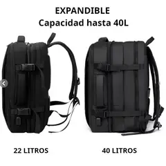 GENERICO - Mochila De Viaje Expandible 40L ANTIRROBO USB Porta laptop NEGRO