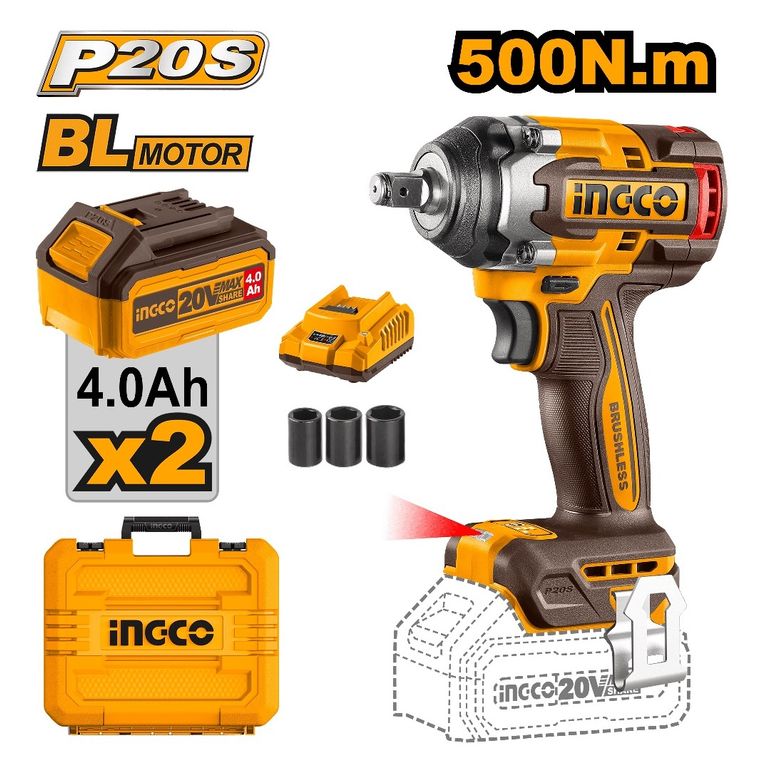 LLAVE IMPACTO BRUSHLESS INGCO 20V 500NM + 2 BATERÍAS 4.0AH CIWLI2050
