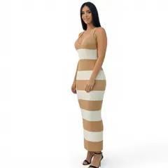 GENERICO - Vestido Rayado Espalda Descuvierta 463A-23 Color Beige