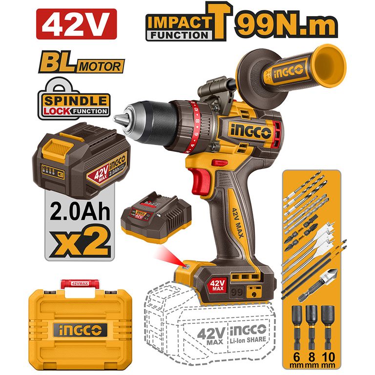 PERCUTOR BRUSHLESS INGCO 42V 99NM + 2 BATERÍAS CIDLI429982