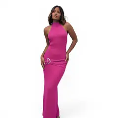 GENERICO - Vestido Halter Maxi Hilo Coqueta 463A-33 Color Fucsia