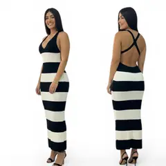 GENERICO - Vestido Rayado Espalda Descuvierta 463A-23 Color Negro