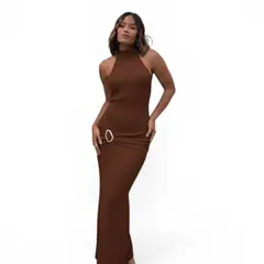 GENERICO - Vestido Halter Maxi Hilo Coqueta 463A-33 Color Chocolate