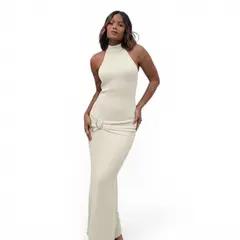 GENERICO - Vestido Halter Maxi Hilo Coqueta 463A-33 Color Perla