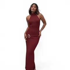 GENERICO - Vestido Halter Maxi Hilo Coqueta 463A-33 Color Vino