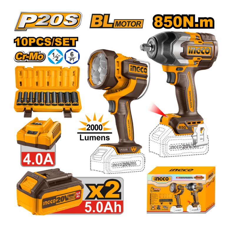 KIT LLAVE IMPACTO BRUSHLESS INGCO 850NM + LINTERNA LED 5AH COSLI241181