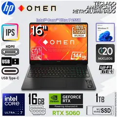 HP - Laptop Gamer OMEN 16" 2k 144hz Intel Core Ultra 7 255HX 16GB RAM DDR5 1TB SSD 16-AM0073DX