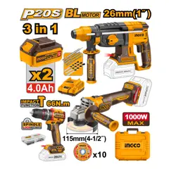 INGCO TOOLS - KIT BRUSHLESS INGCO PERCUTOR + AMOLADORA + ROTOMARTILLO COSLI241198