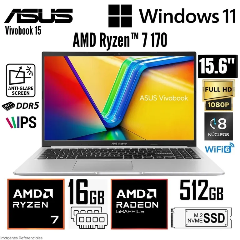 Laptop Vivobook 15 M1502NAQ-BQ041 AMD Ryzen 7 170 16GB RAM 512GB SSD 15.6" FHD - Cool Silver