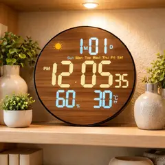GENERICO - Reloj Digital De Pared Redondo Led Con Fecha Y Temperatura Madera