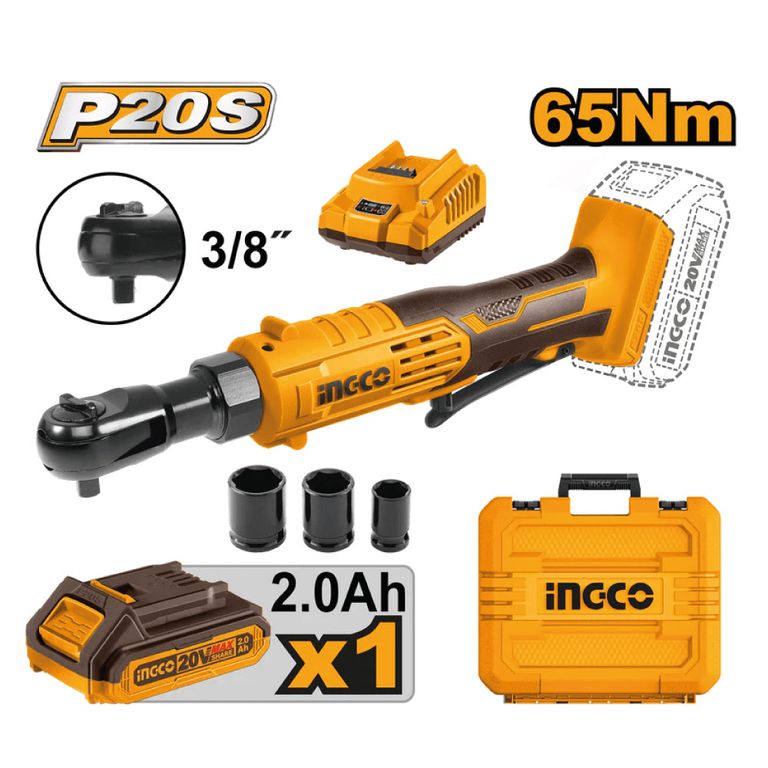 LLAVE RATCHET INGCO 20V 65NM 3/8" + BATERÍA + CARGADOR CDRLI2060152