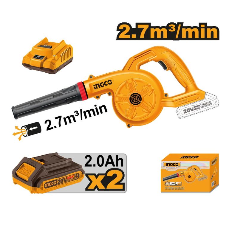 SOPLADORA INALÁMBRICA INGCO 20V 2 BATERÍAS 2.0AH CARGADOR CABLI200282