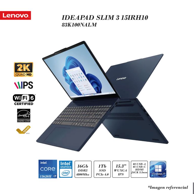LAPTOP IDEAPAD SLIM 3 INTEL I7-13620H 16GB DDR5 1TB SSD INTEL UHD 15.3" 2K BLUE FD