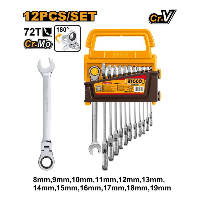 SET 12 PIEZAS LLAVE MIXTA INGCO 180° 8-19MM HKSPAR1123