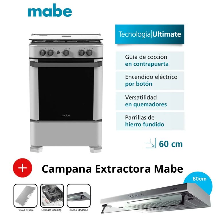 COCINA CMP6010FG1 A GAS DE 4 HORNILLAS SILVER + CAMPANA
