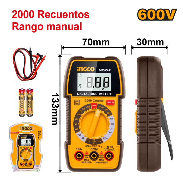MULTÍMETRO DIGITAL INGCO 600V 2000 RECUENTOS DM360011
