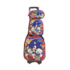 GENERICO - Set escolar de mochila con ruedas mas lonchera y cartuchera Sonic
